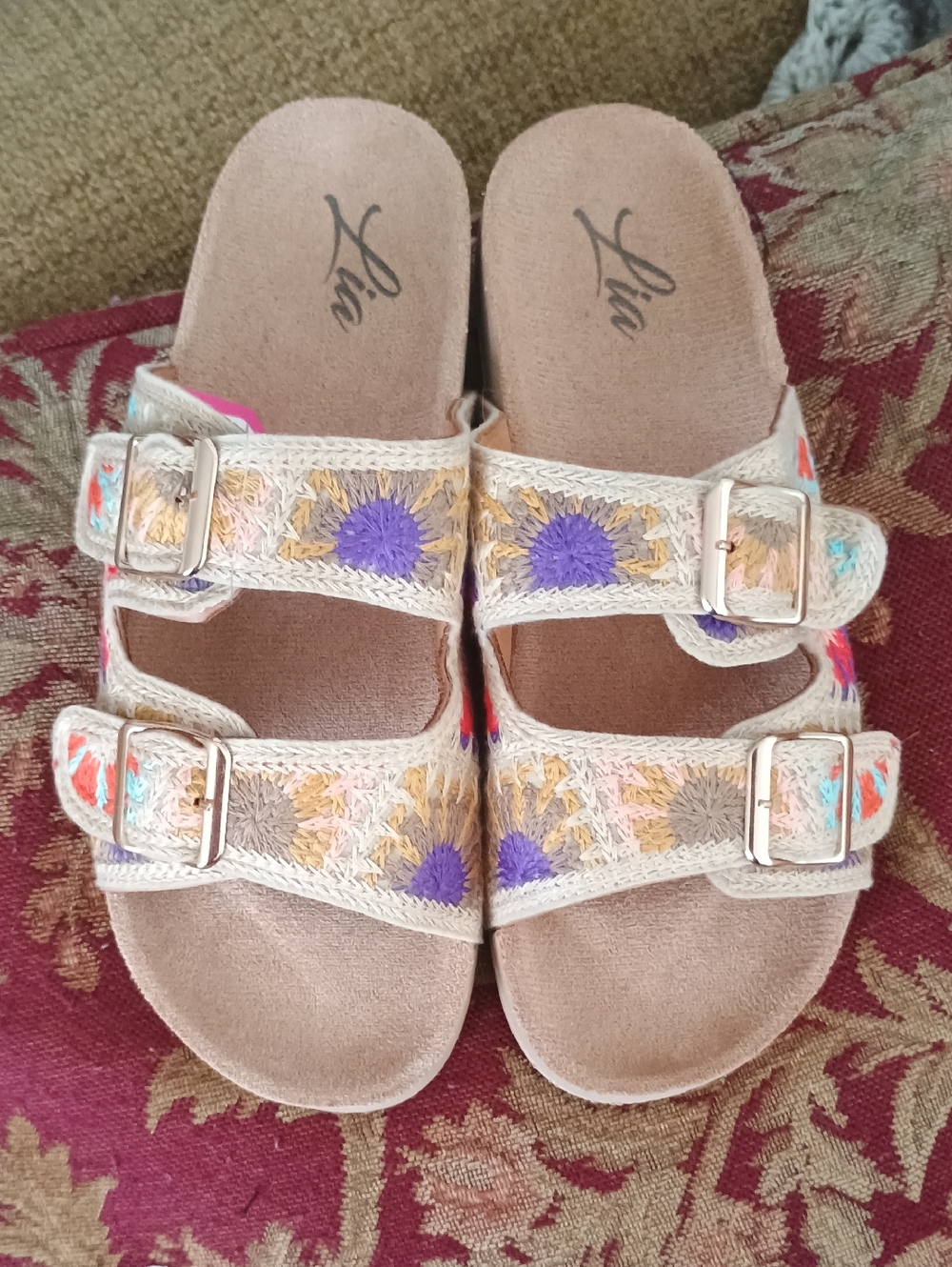 Lia Women's Beige Embroidered Dual-Buckle Sandals